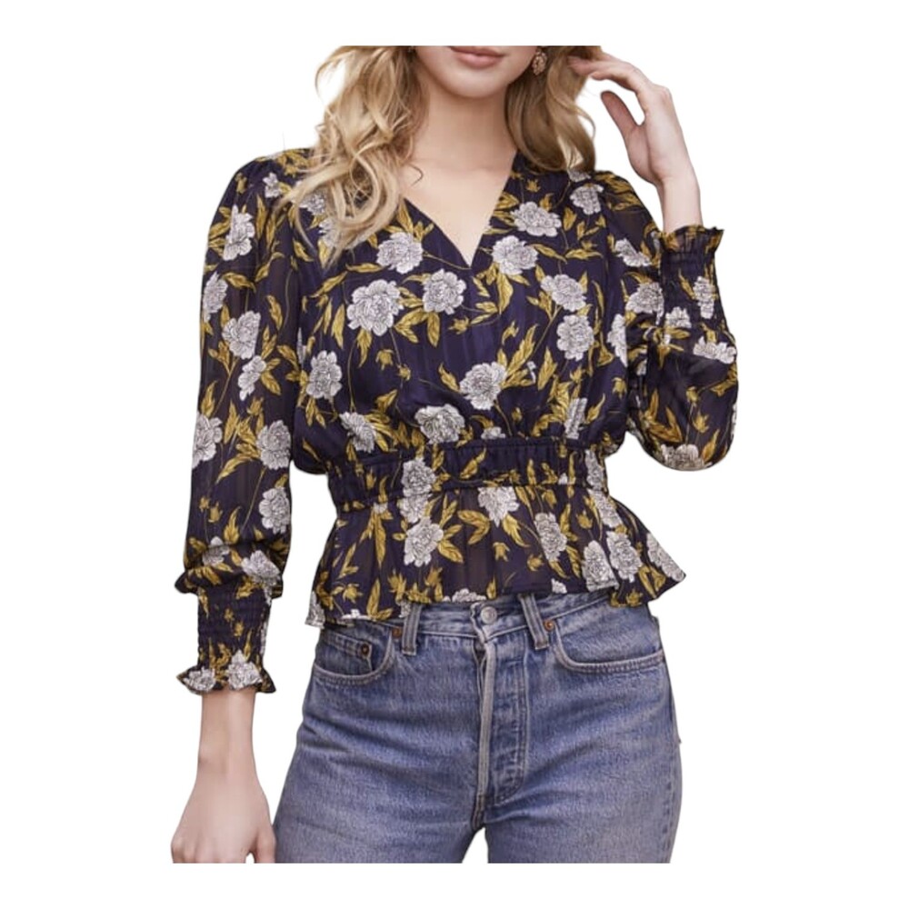 ASTR Women's Surplice Peplum Cropped Navy Long Sleeve Floral Blouse XS‎